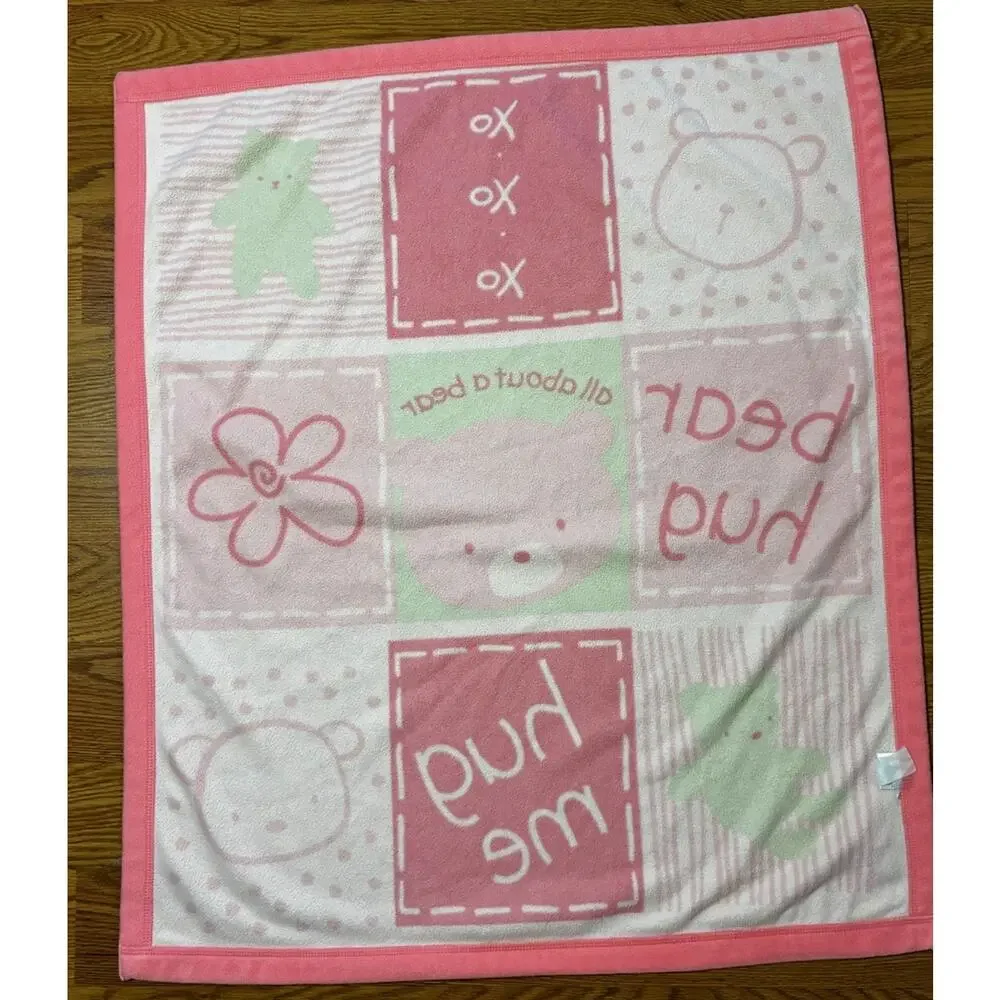 Carters Classics All About A Bear Pink Baby Blanket Hug Me Fleece Green White